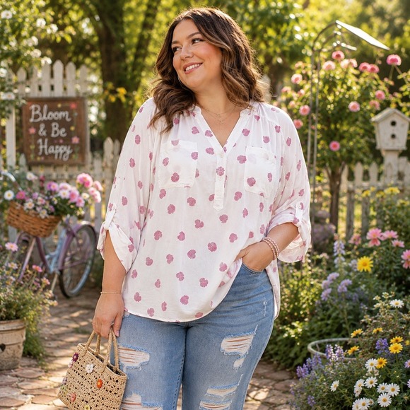 Torrid Curve Tops - Torrid Harper Challis Blouse 3X 22/24 Hatch Hearts Cloud Dancer Roll Tab Top